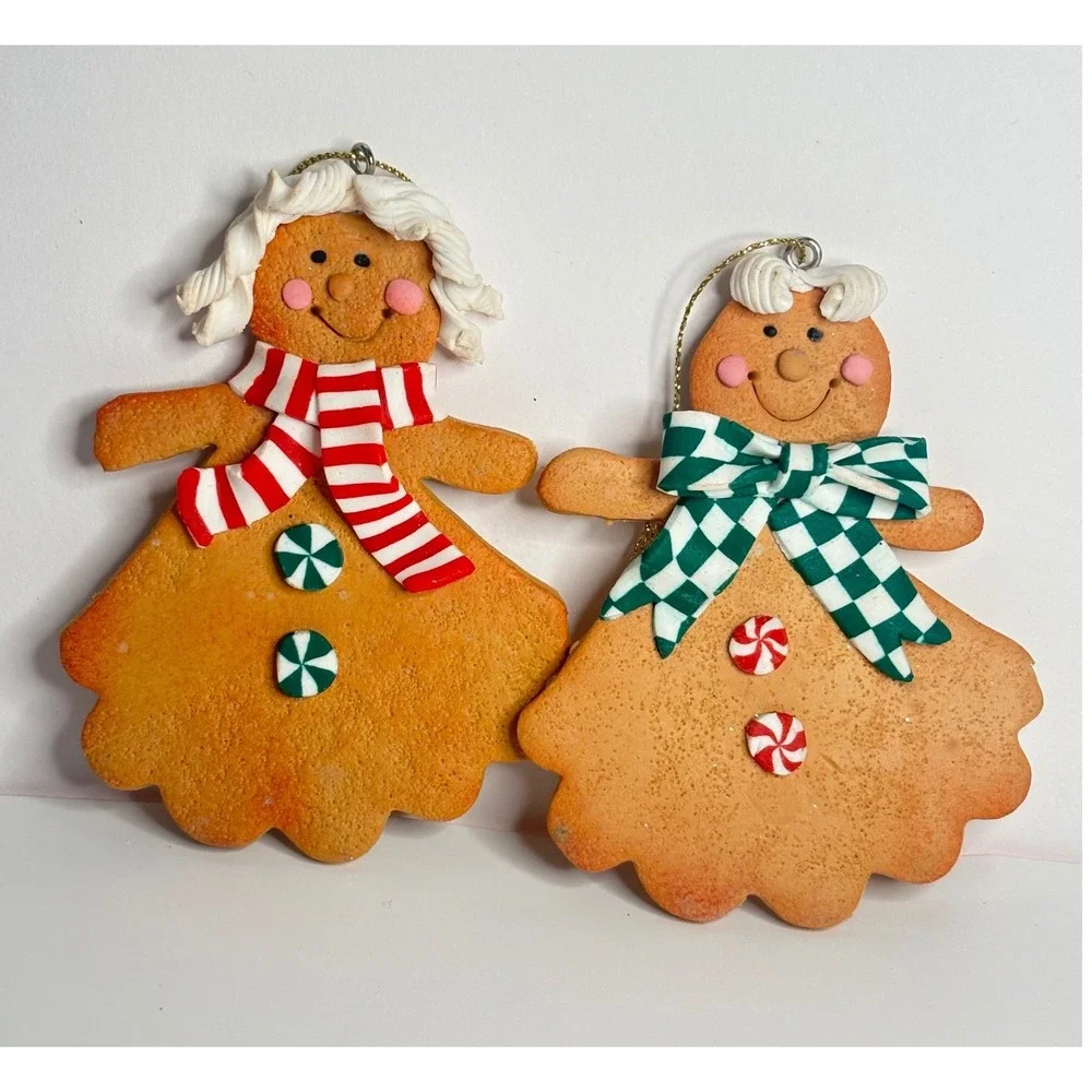 Vintage Claydough Gingerbread Man Ornaments Mr & Mrs Holiday Christmas Decor 2pc